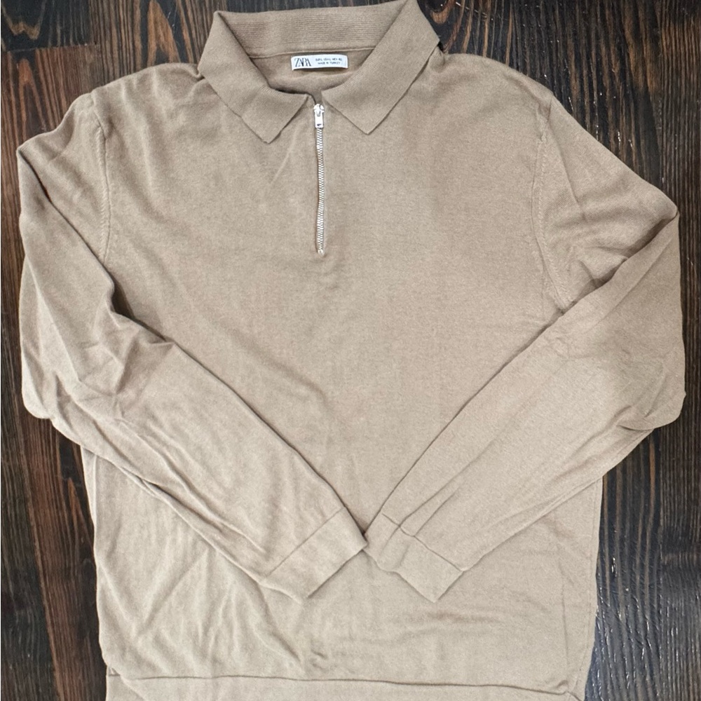 Zara Mens Large Tan Long Sleeve Polo Shirt